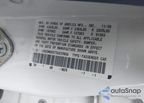 2007 Honda Accord 3.0 Ex from USA, damaged, VIN 1HGCM66577A037804